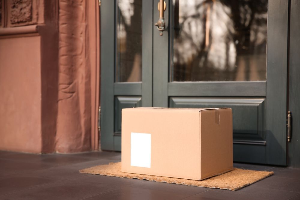 Cardboard package on a doormat in front of a teal door with glass panels. Cardboard package on a doormat in front of a teal door with glass panels.