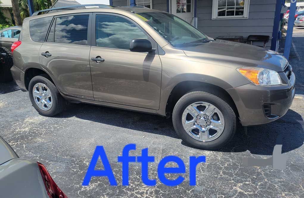 After photo of wheel change of a Brown car.