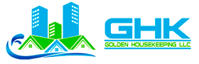 Logo for Golden Housekeeping LLC: Buildings and houses with blue and green, blue waves, and GHK.