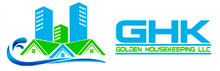 Logo for Golden Housekeeping LLC: Buildings and houses with blue and green, blue waves, and GHK.