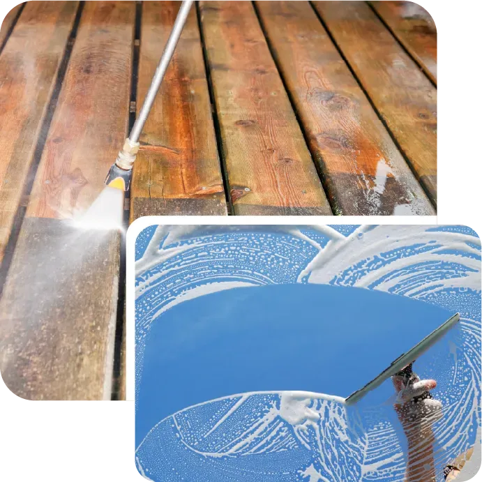 A picture of a wooden deck and a picture of a person cleaning a window