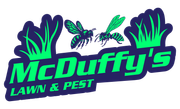 Logo for McDuffy's Lawn & Pest, featuring green text and two insects with green wings, set against dark blue.