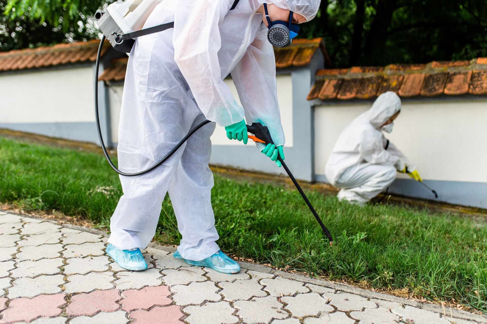 Two people in hazmat suits spraying grass outdoors.