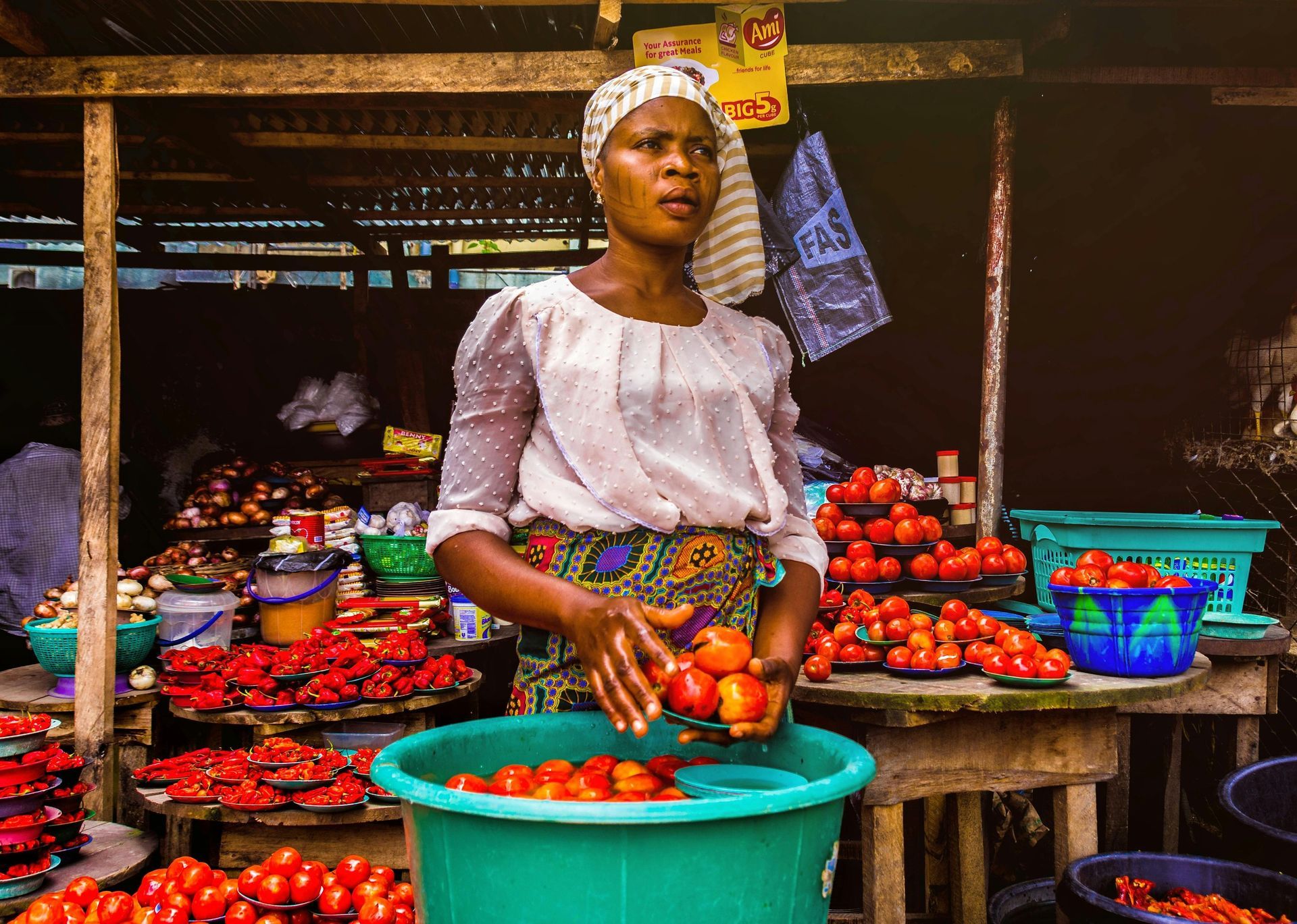 Woman at a market stall selling tomatoes, sorting them into a green basin.