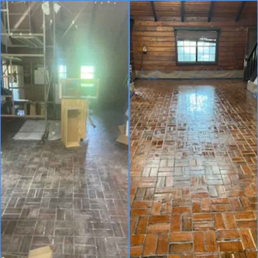 A before and after photo of a brick floor