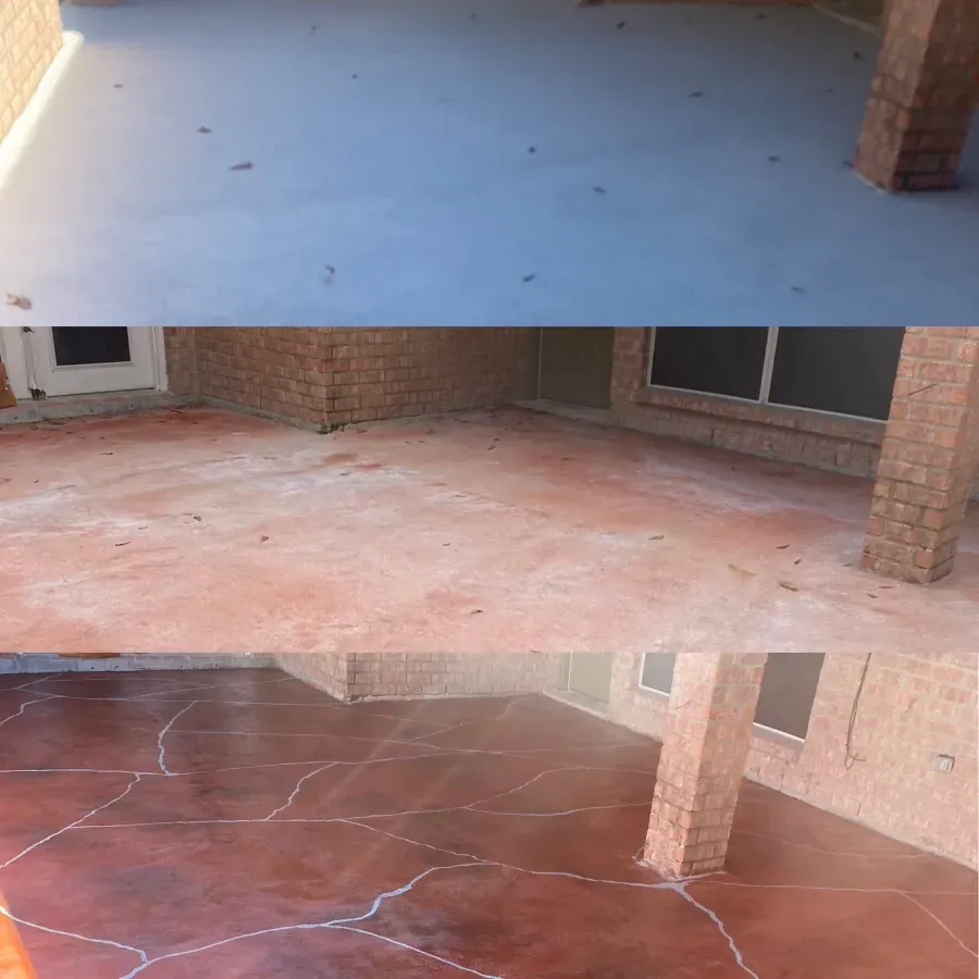 A before and after picture of a concrete patio.