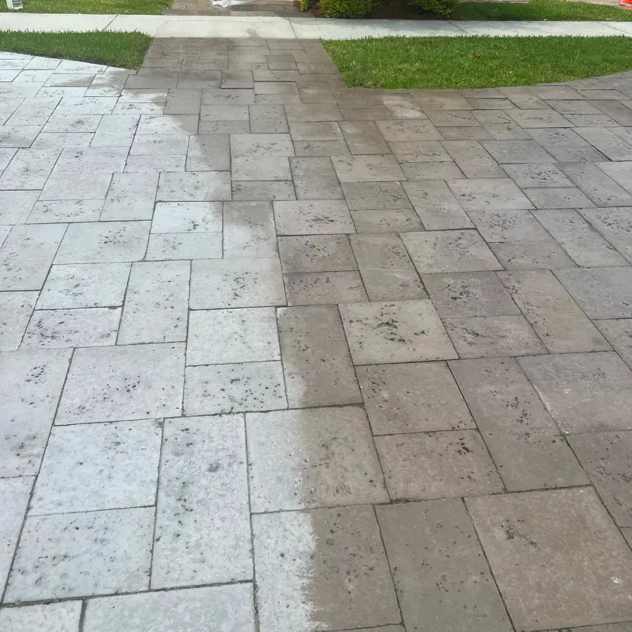 A before and after picture of a brick driveway