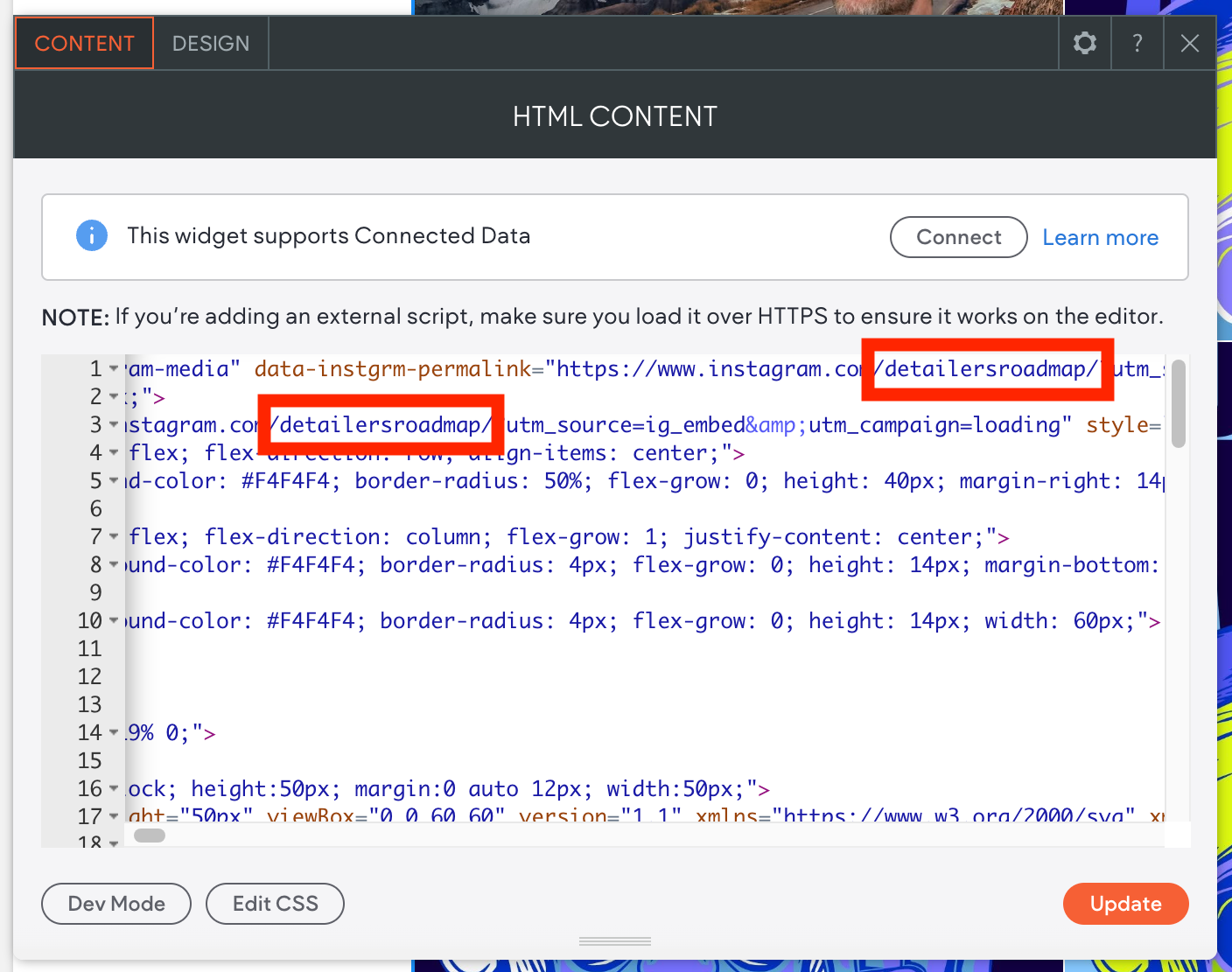 HTML code editor displaying a script with highlighted text including Instagram and a link.