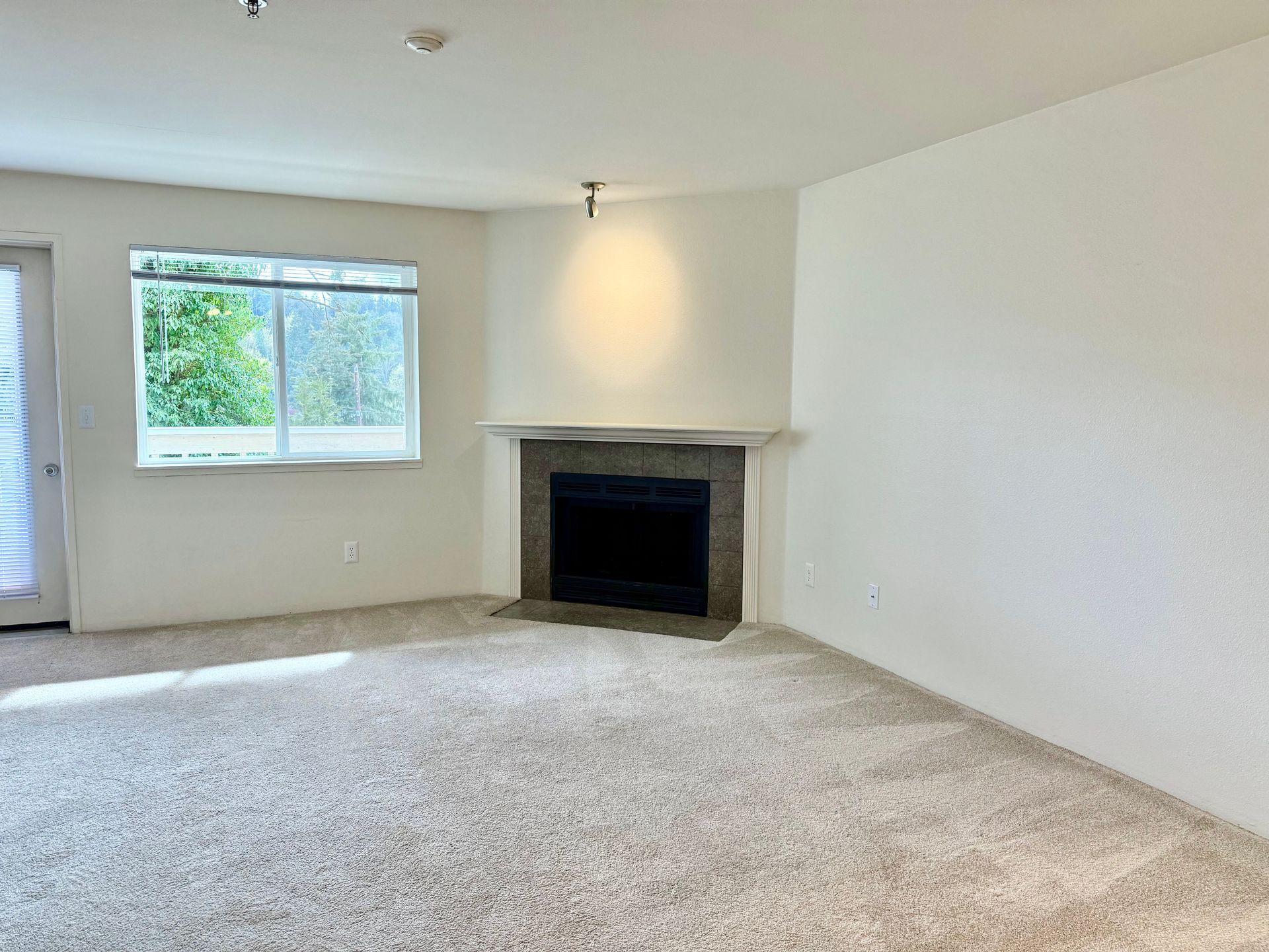 An empty living room with a fireplace and a window.