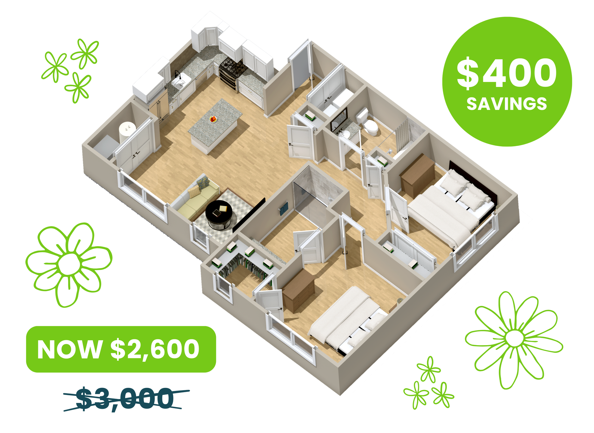 An isometric floor plan of a house in the village