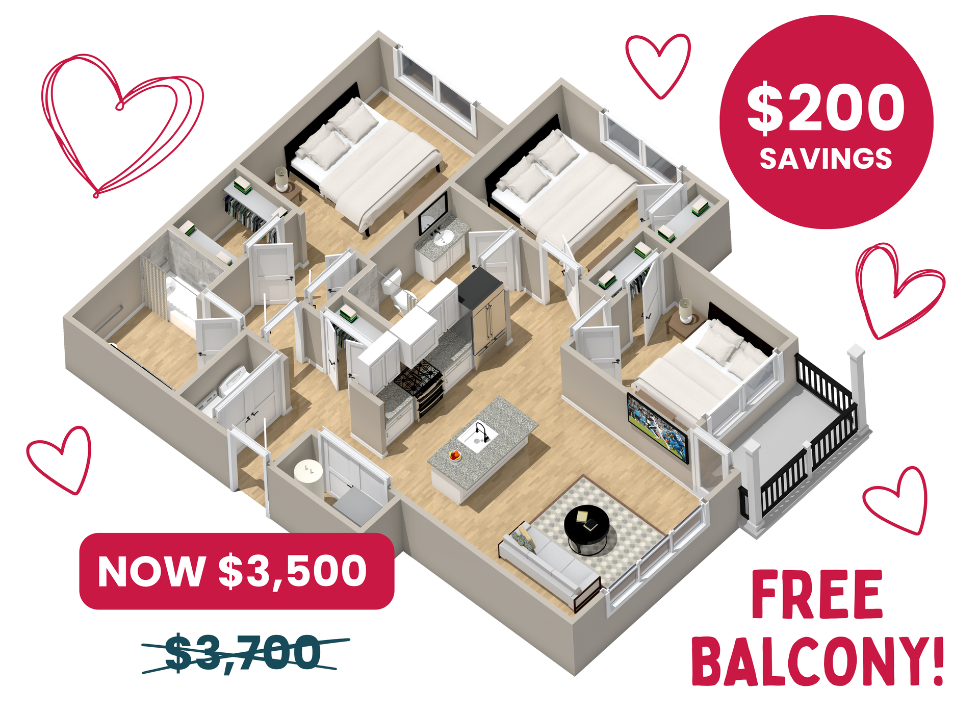 An isometric floor plan of a house with three bedrooms and a living room.