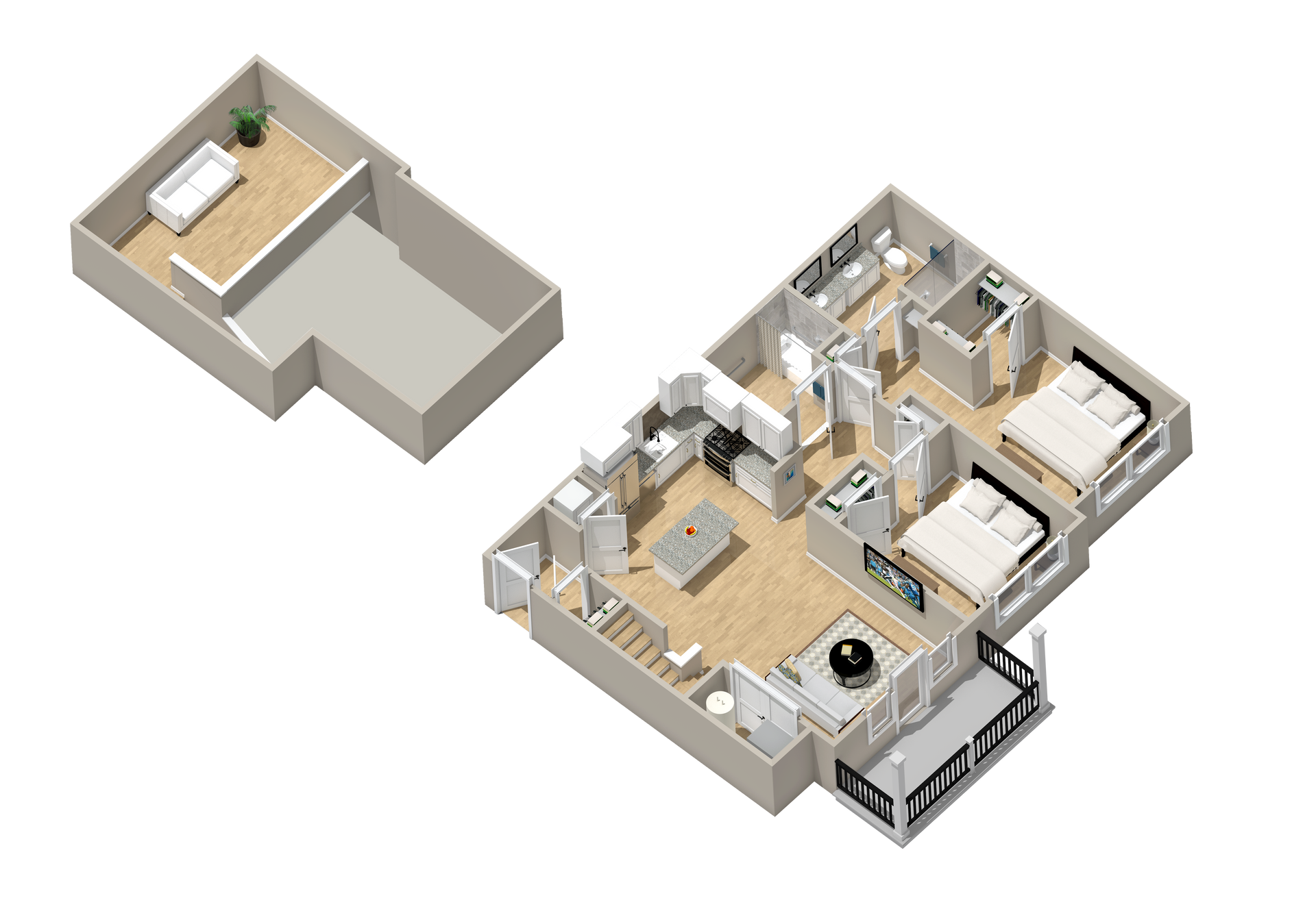 An isometric floor plan of a house with two bedrooms