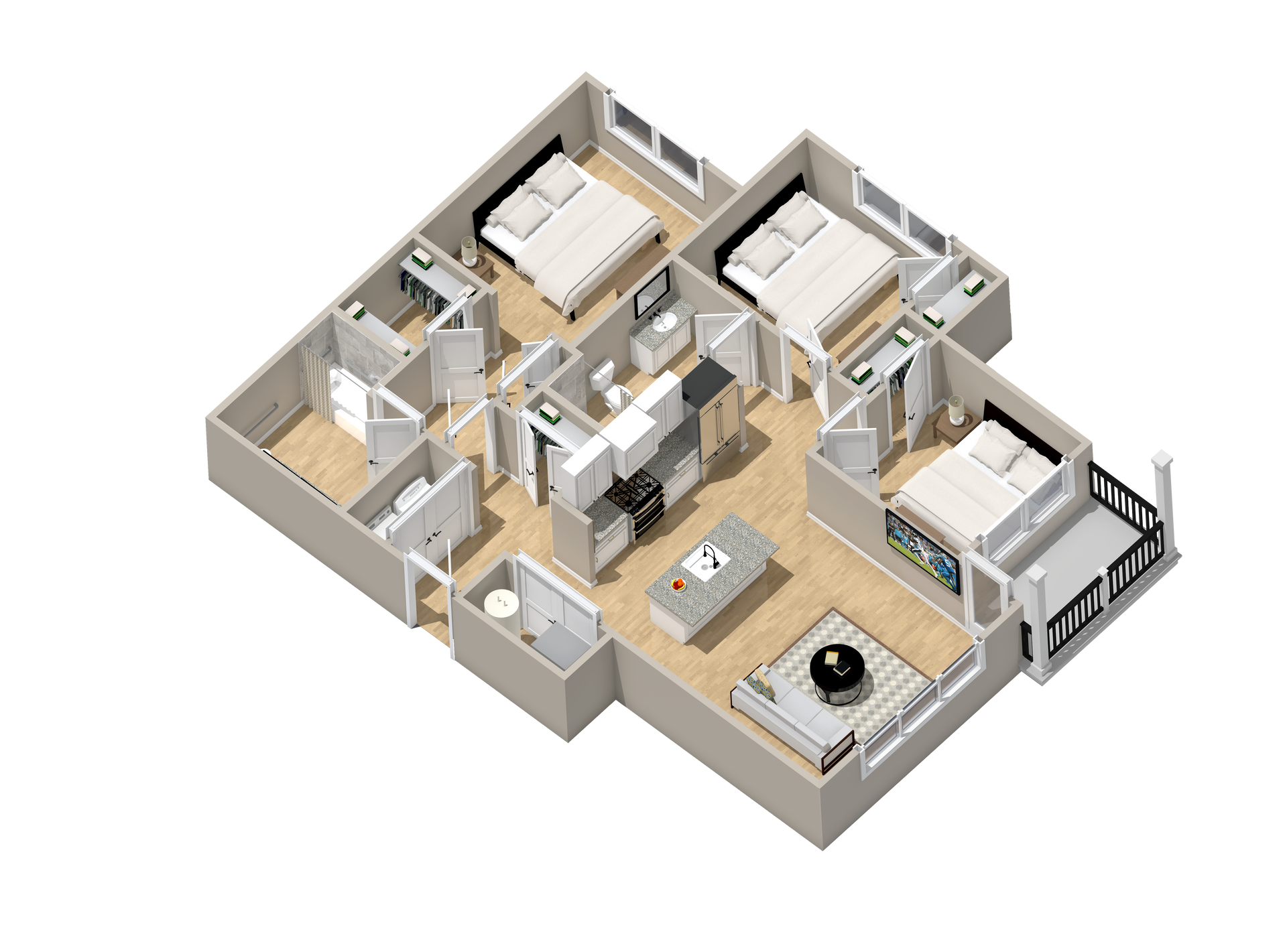 An isometric floor plan of a house with three bedrooms and a living room.