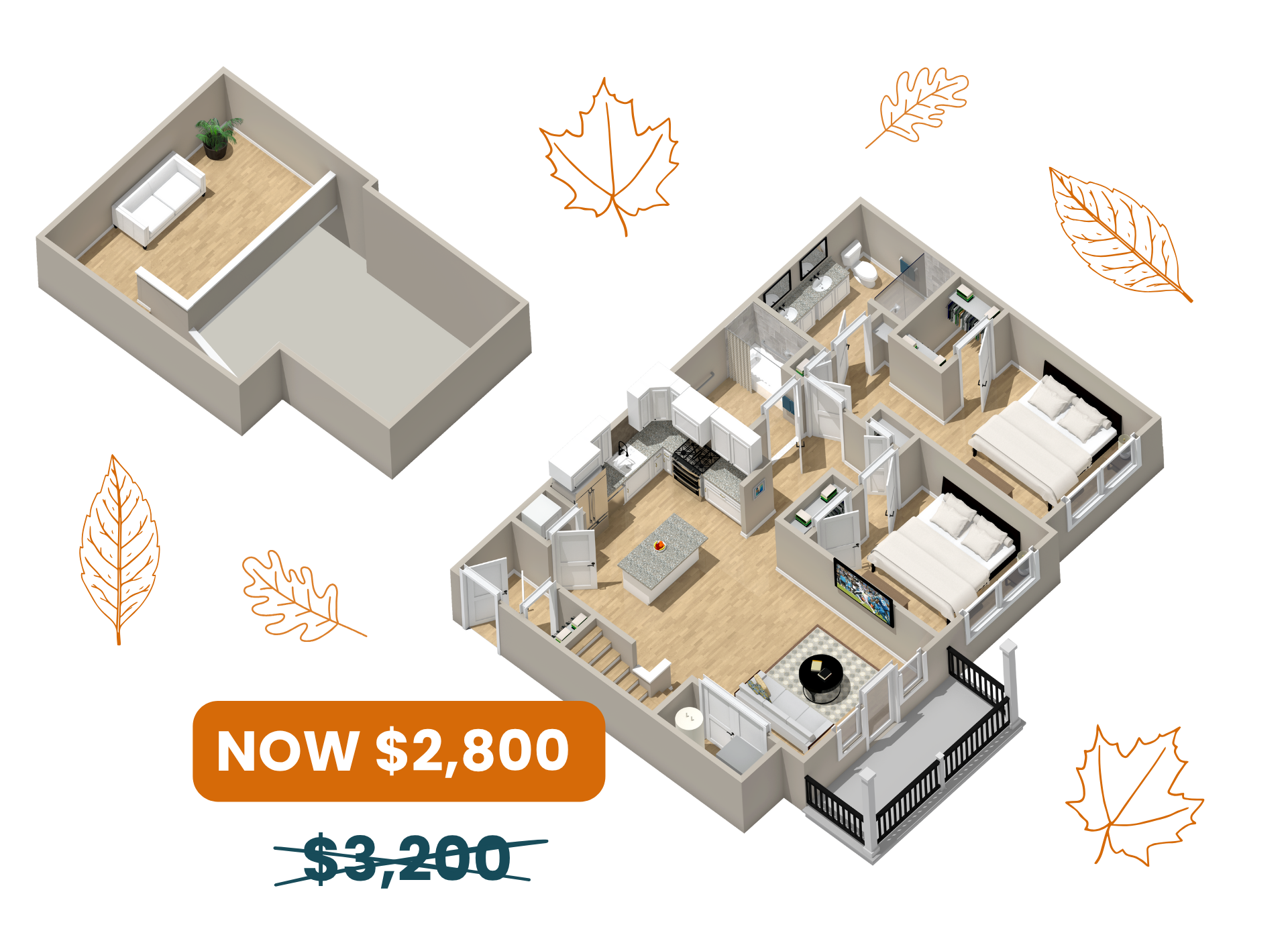 An isometric floor plan of a house with two bedrooms