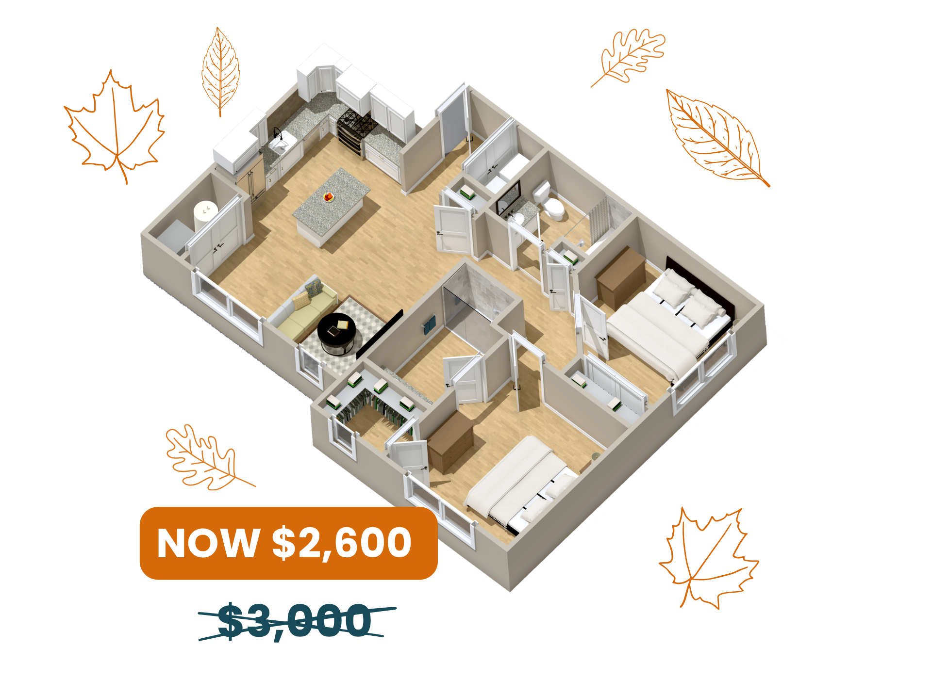 An isometric floor plan of a house in the village