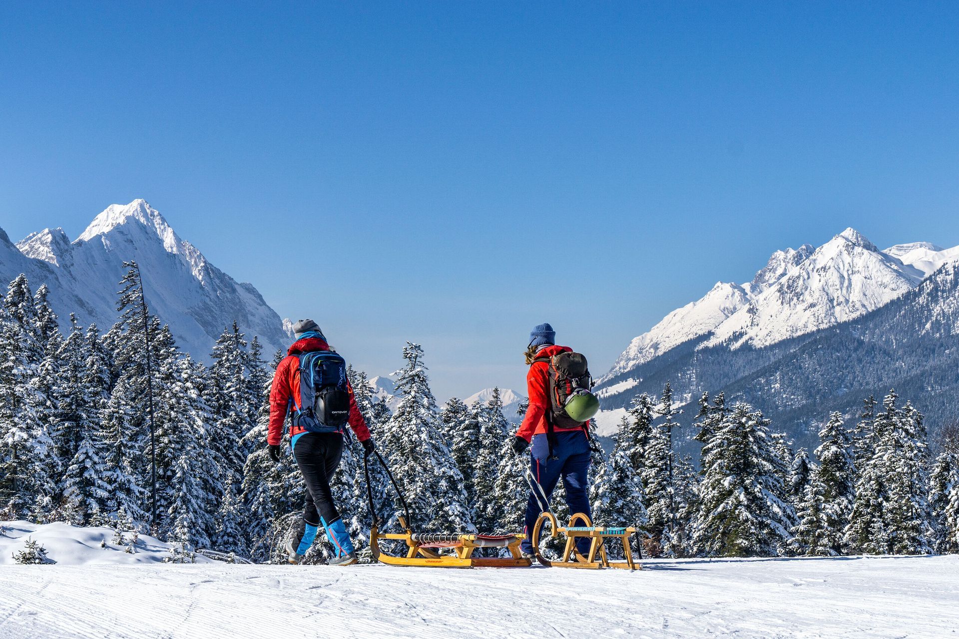 Two people are walking in the snow with a sled.