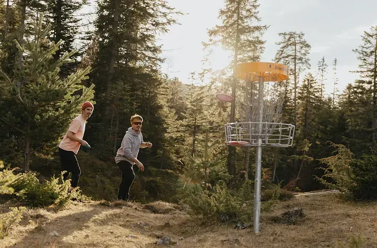 Zwei Leute spielen Frisbee-Golf im Wald.