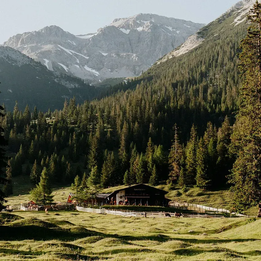 Ein Haus mitten auf einem Feld mit Bergen im Hintergrund