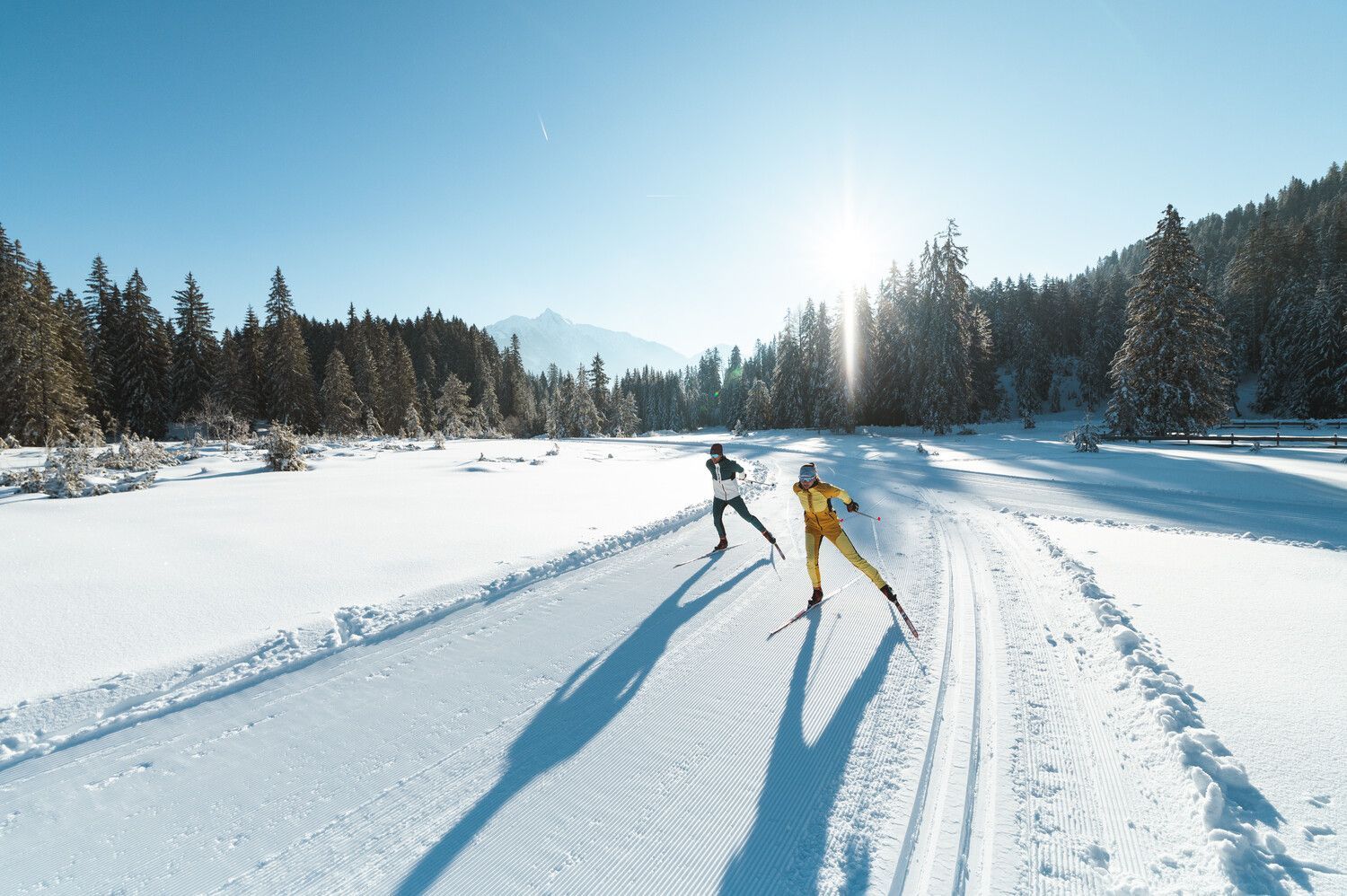 Two cross-country skiers on a snowy trail in leutasch in a sunlit forest clearing