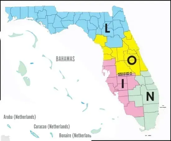 A map of the state of florida with the letters l o and n on it