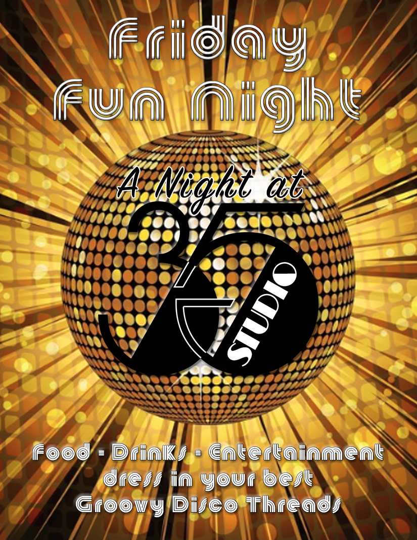 A poster for a friday fun night with a disco ball