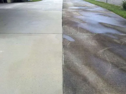 Concrete driveway split by a light dry section and a dark wet section with tree shadows.