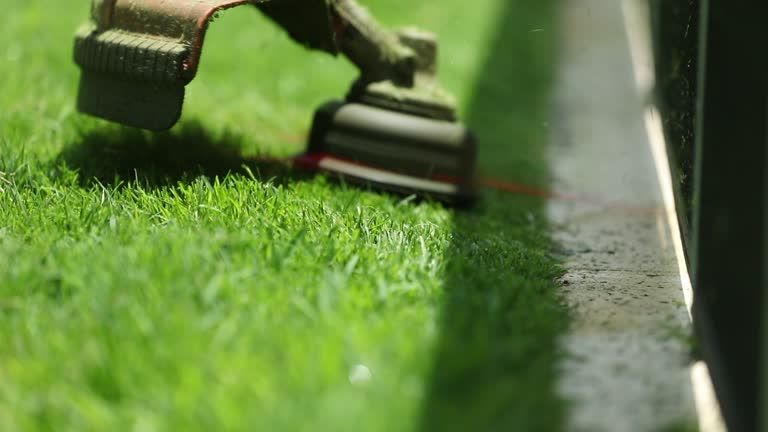 Weed eater cutting grass lawn by the side of the pavilion.