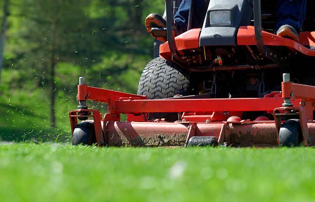 A man is riding a lawn mower on a lush green lawn.