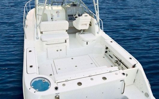 Una barca bianca galleggia sulla superficie di uno specchio d'acqua.