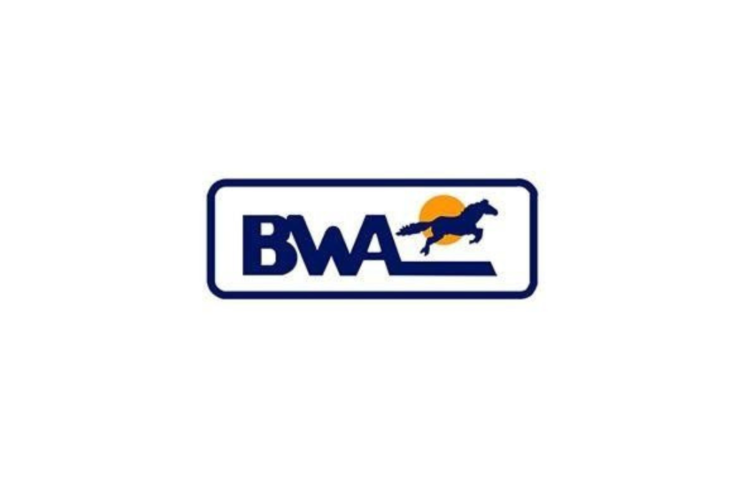 Un logo per bwa con un cavallo e un sole su sfondo bianco.
