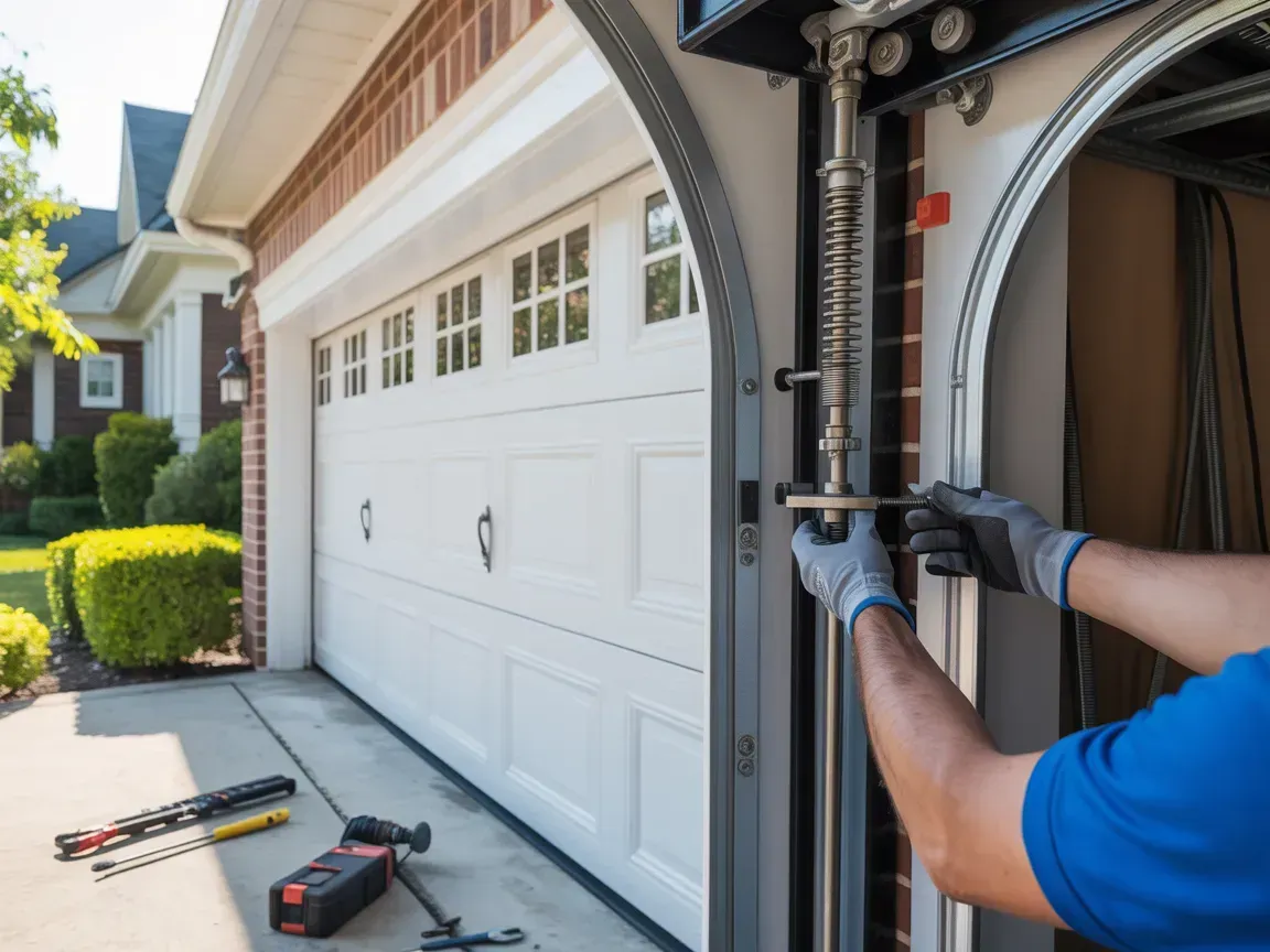 Technician in a blue shirt and gloves using tools to repair a garage door spring mechanism.