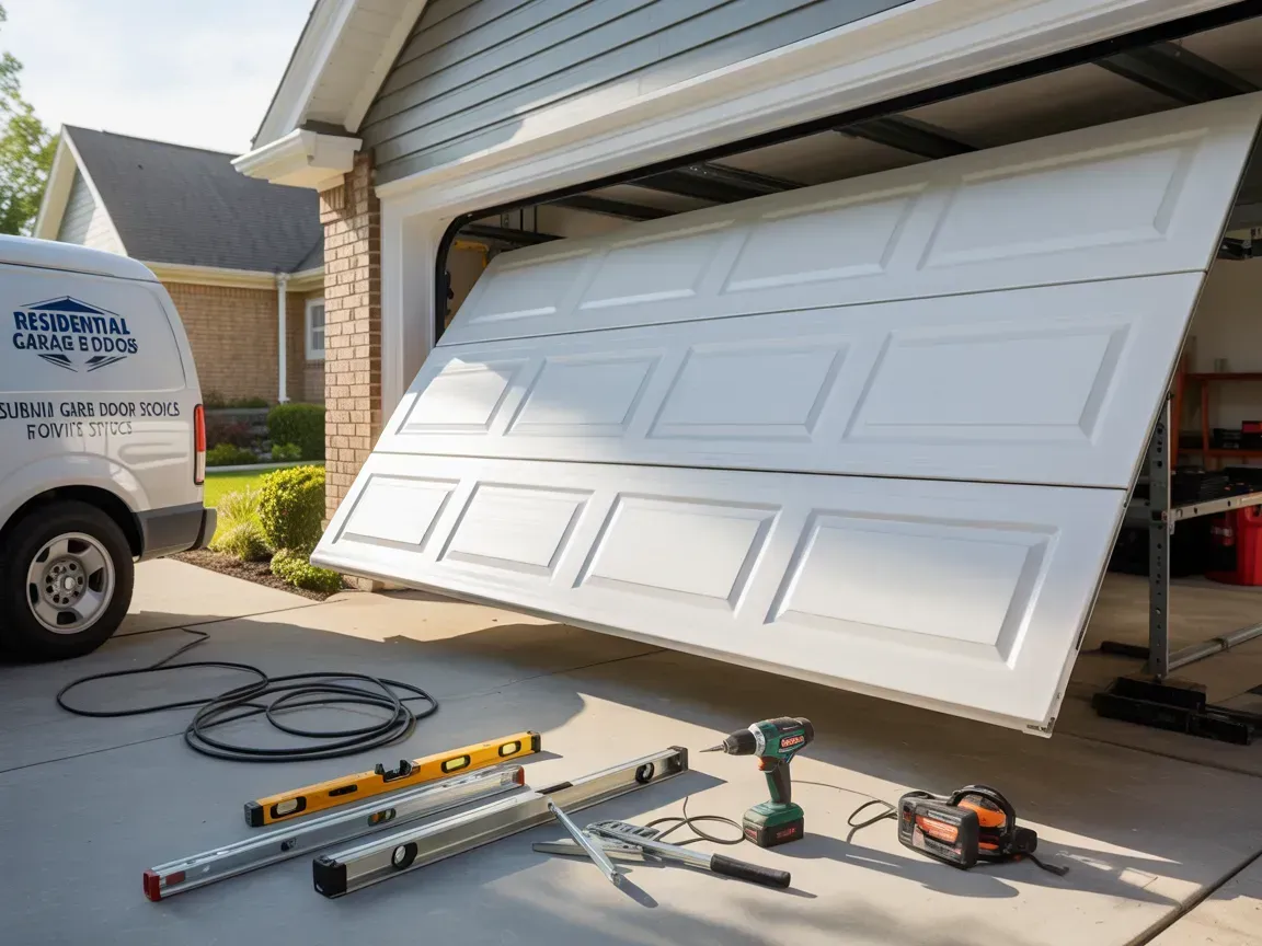 A white garage door is partially open with tools and a service van parked in the driveway.