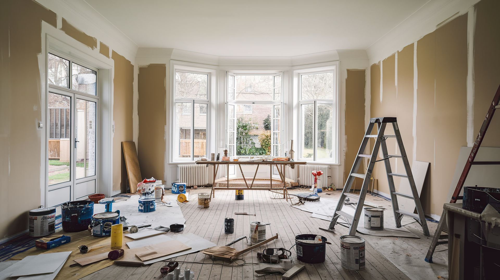 Pièce en rénovation avec des pots de peinture, des outils et des échelles ; fenêtres en arrière-plan.
