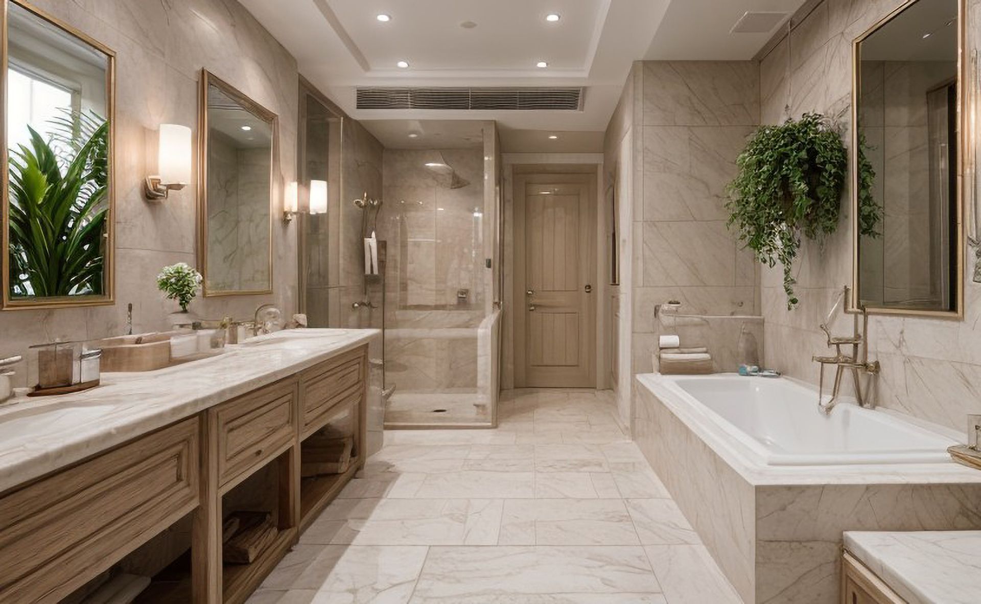Élégante salle de bains beige avec carrelage en marbre, meuble-lavabo en bois et baignoire.