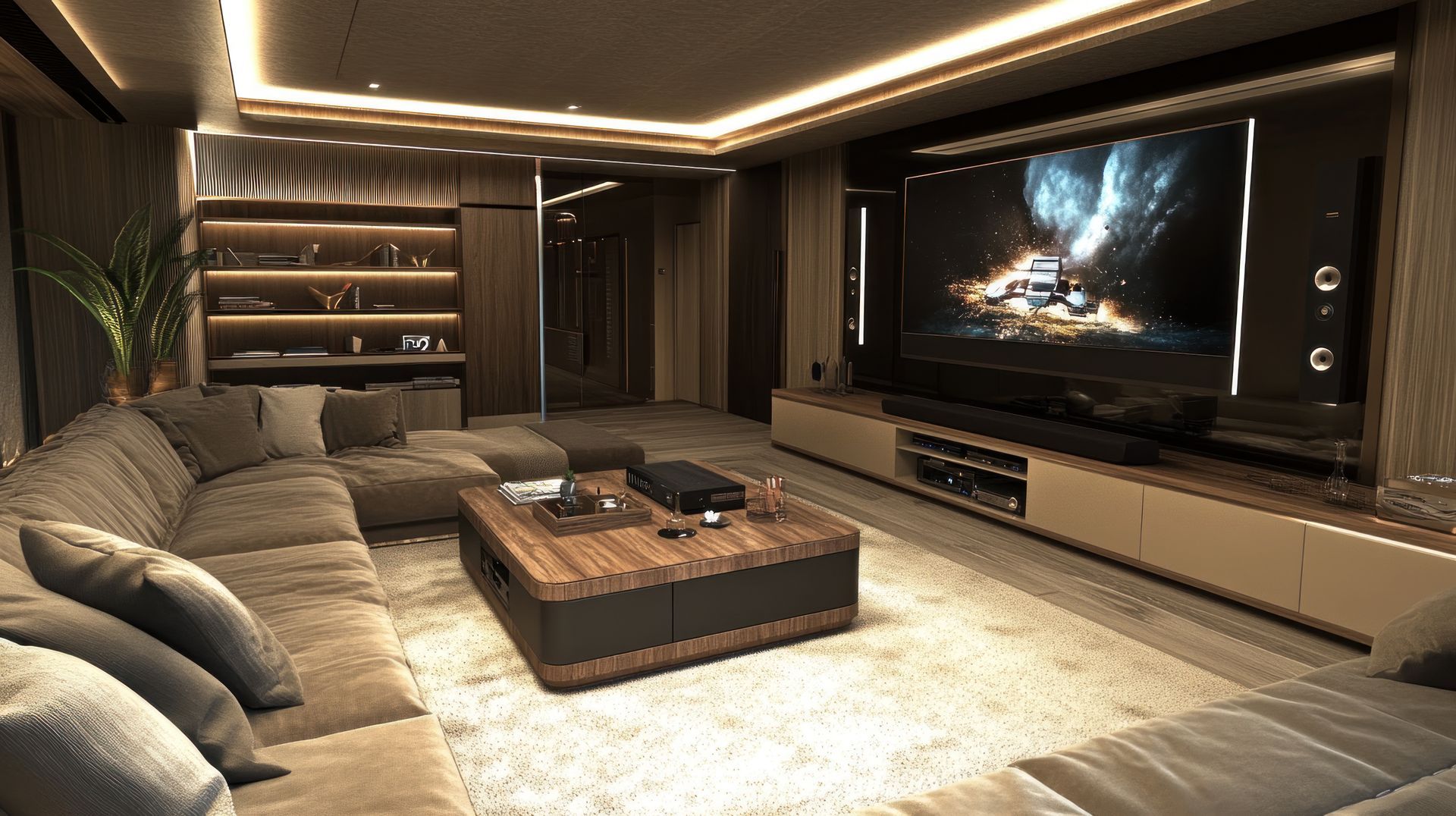 Salle de bains moderne avec douche à l'italienne, baignoire îlot, double vasque, meubles en bois et puits de lumière.