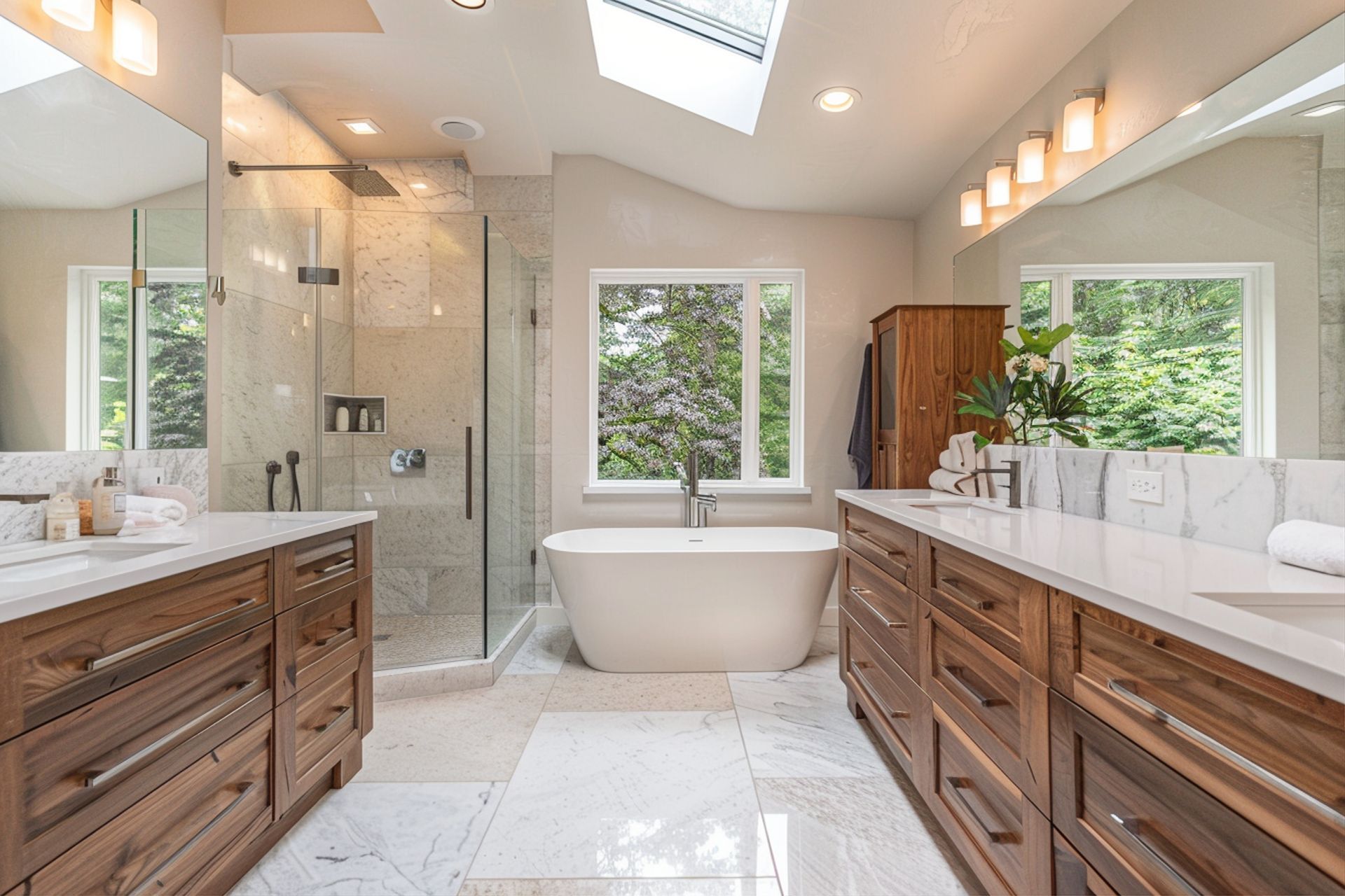Salle de bains avec baignoire îlot, douche en verre, meubles-lavabos en bois et puits de lumière.
