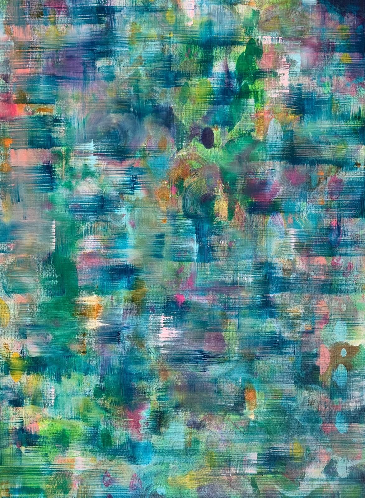 Abstract painting of a figure walking through a blurry, textured environment of blues, greens, and pinks.