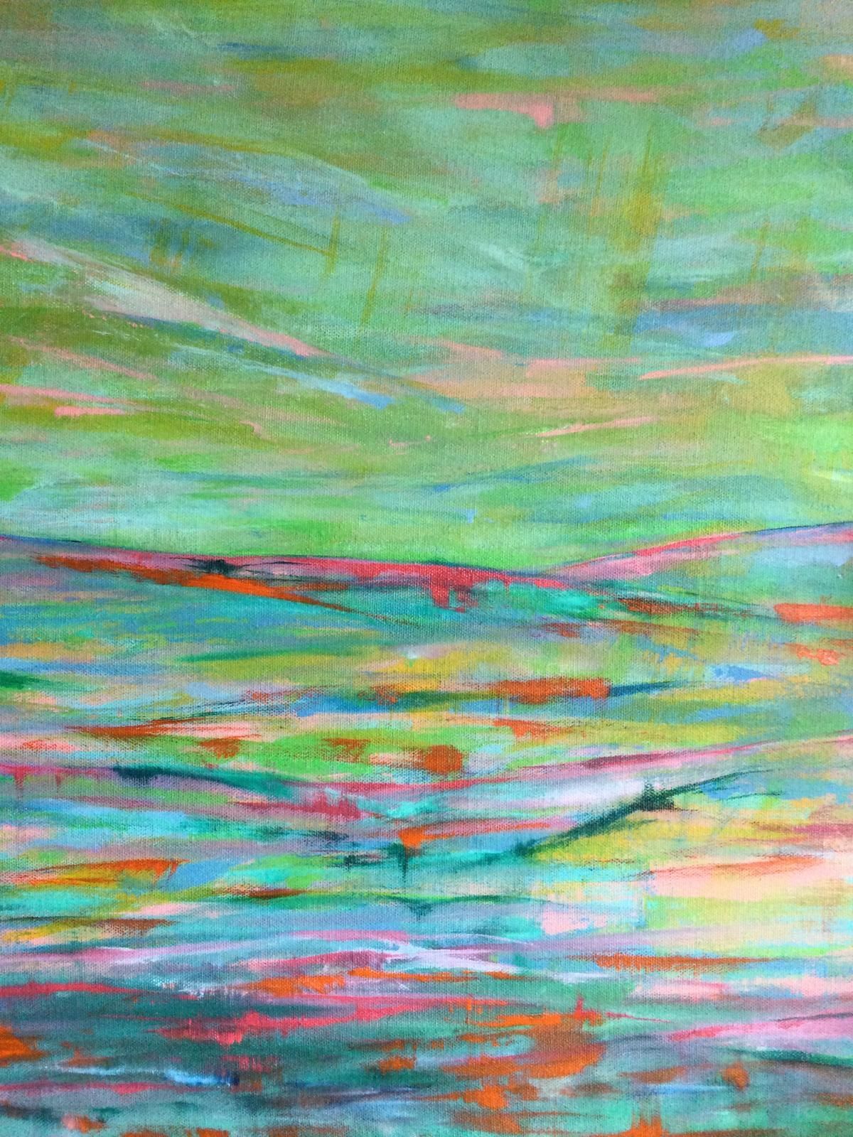 Abstract landscape, mainly green, blue, and orange. Horizon line with brushstrokes evoking water and sky.
