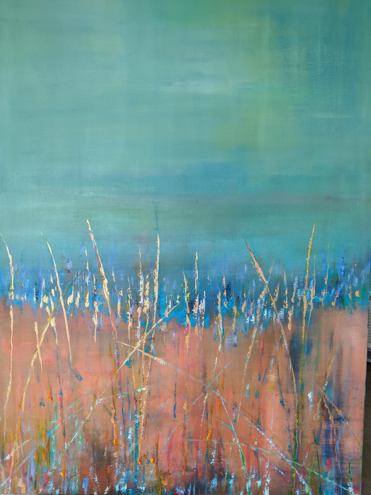 Abstract landscape painting: turquoise sky above a rust-colored field with blue and gold highlights.