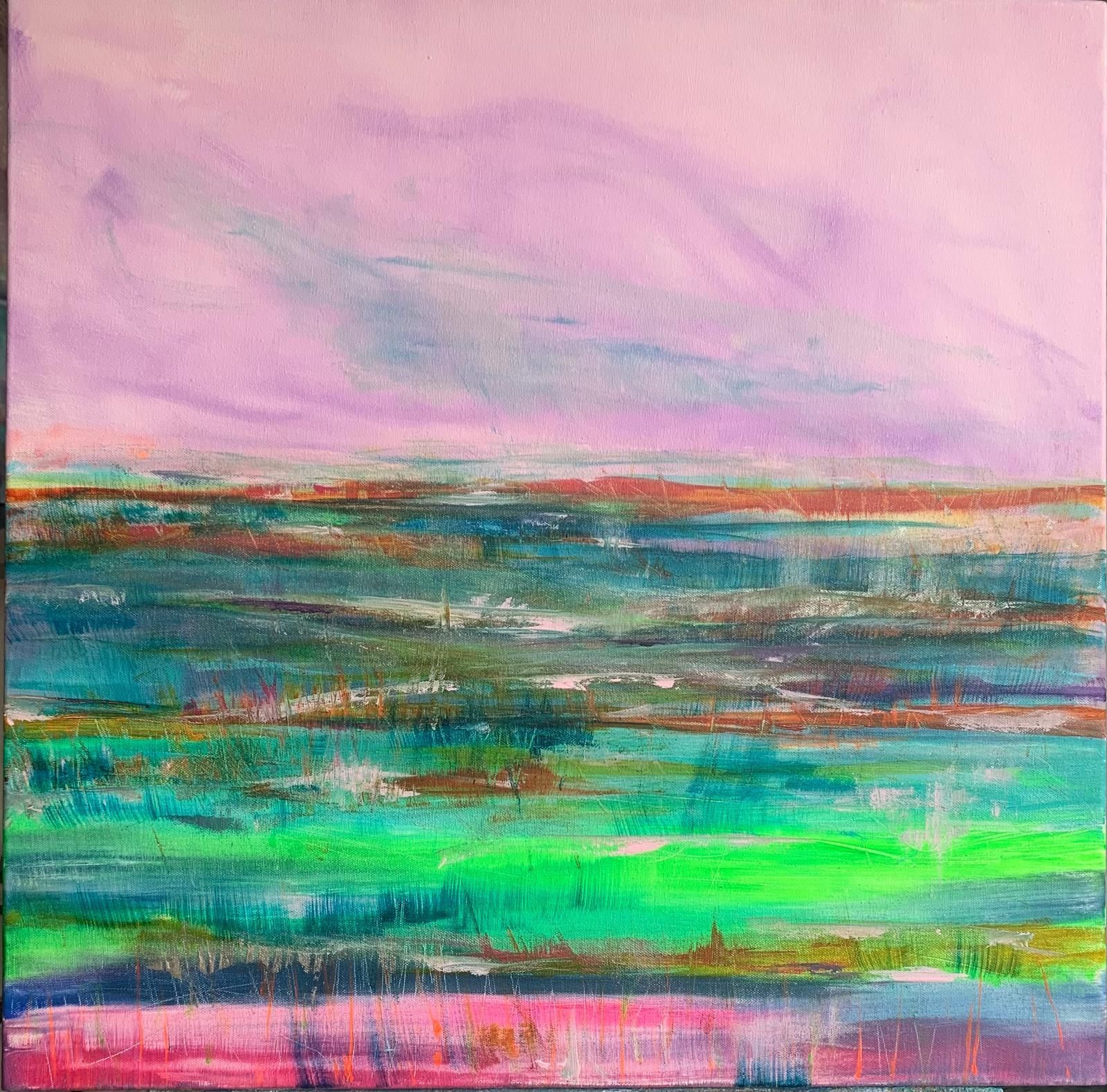 Abstract painting with a pink sky over layered bands of green, blue, and brown.