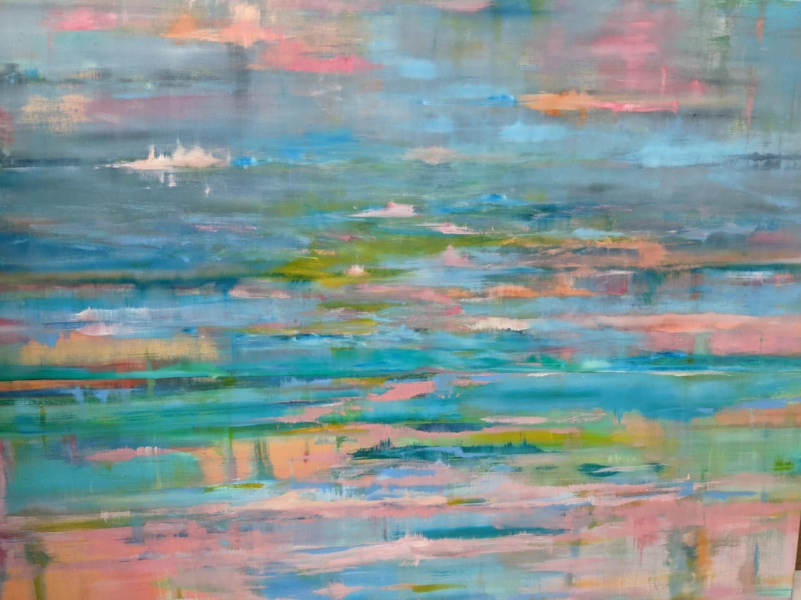 Abstract landscape painting with blue, pink, and teal brushstrokes, suggesting water and sky.