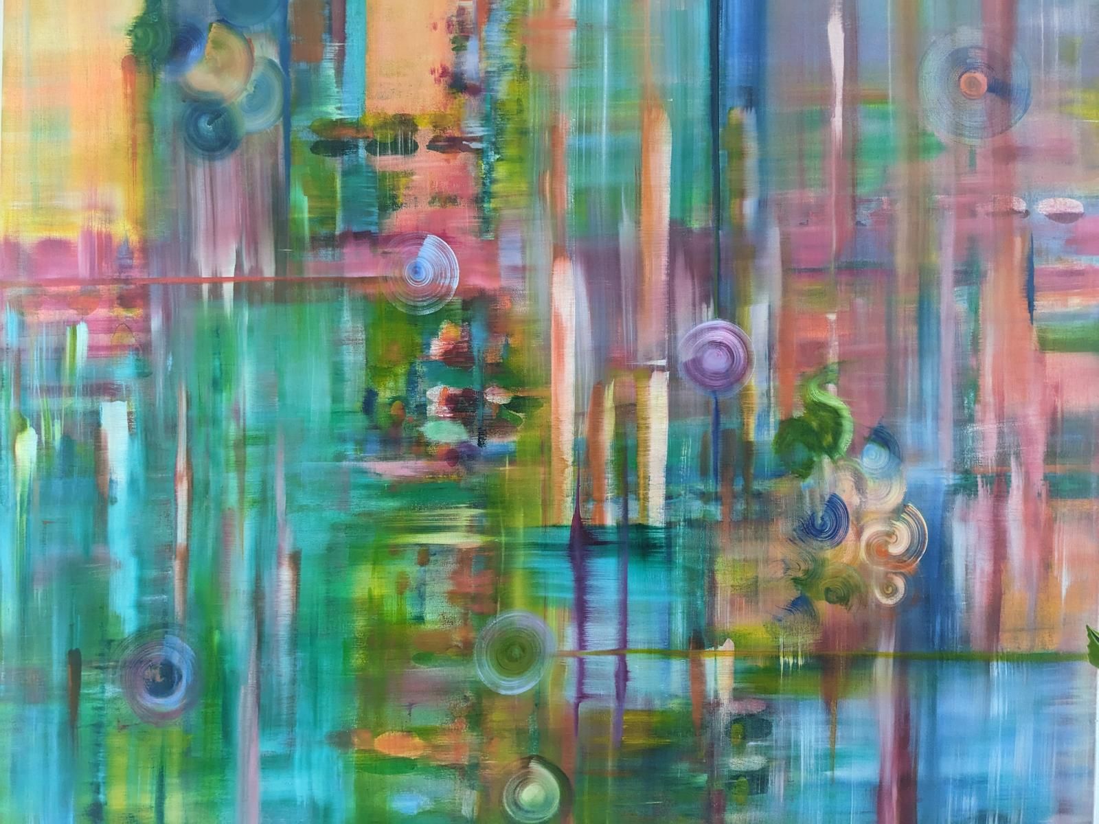 Abstract painting with vertical strokes of green, blue, orange, and pink; circular shapes.