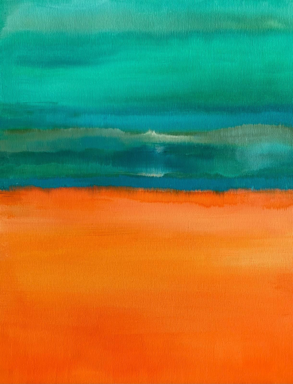 Orange and teal watercolor abstract of a beach at sunset.