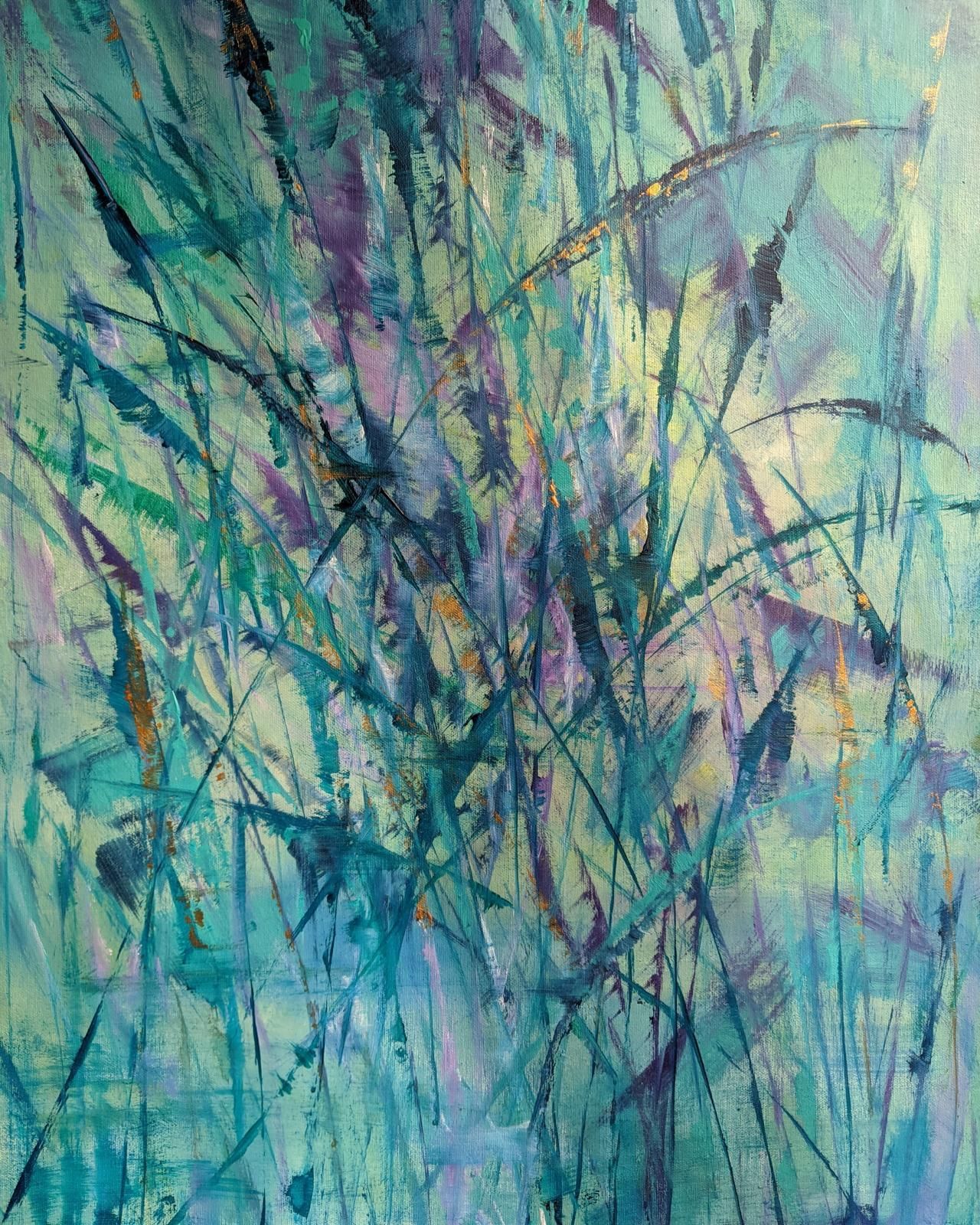 Abstract painting of blue, green, and purple grasses.