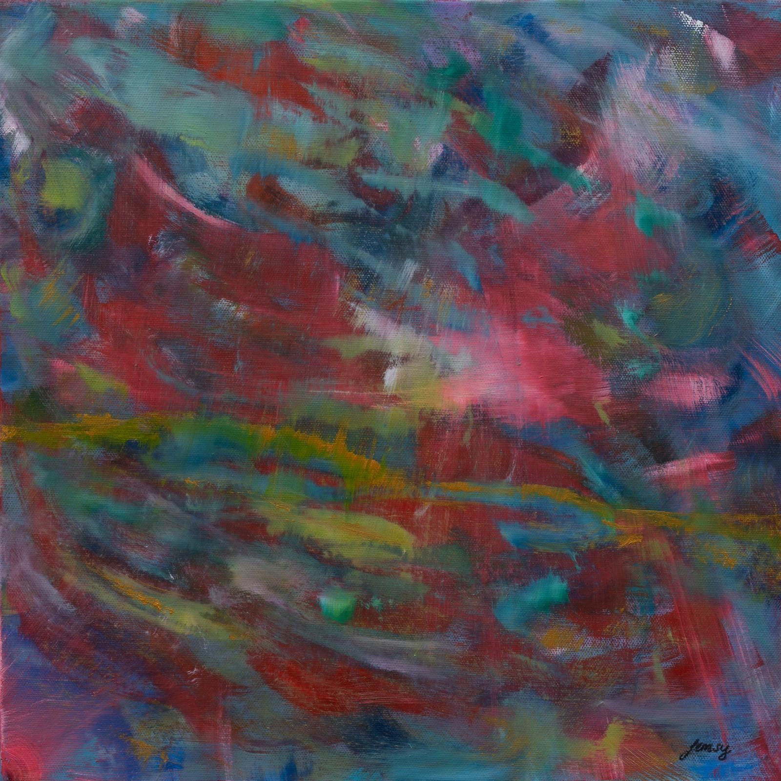 Abstract painting with swirling red, green, and blue brushstrokes; a horizontal yellow streak.