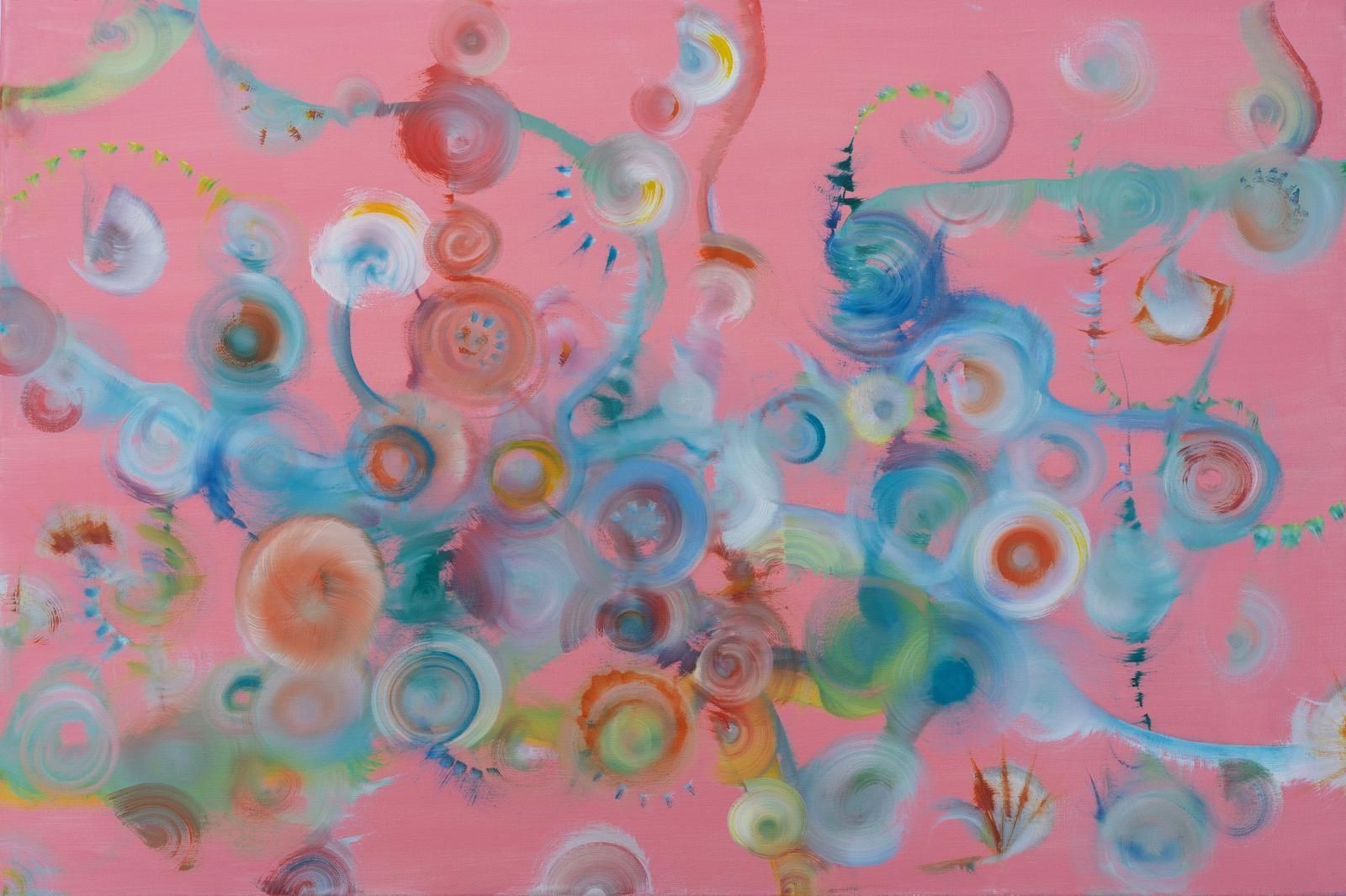 Abstract artwork with floating, circular forms in shades of blue, orange, and white on a pink background.