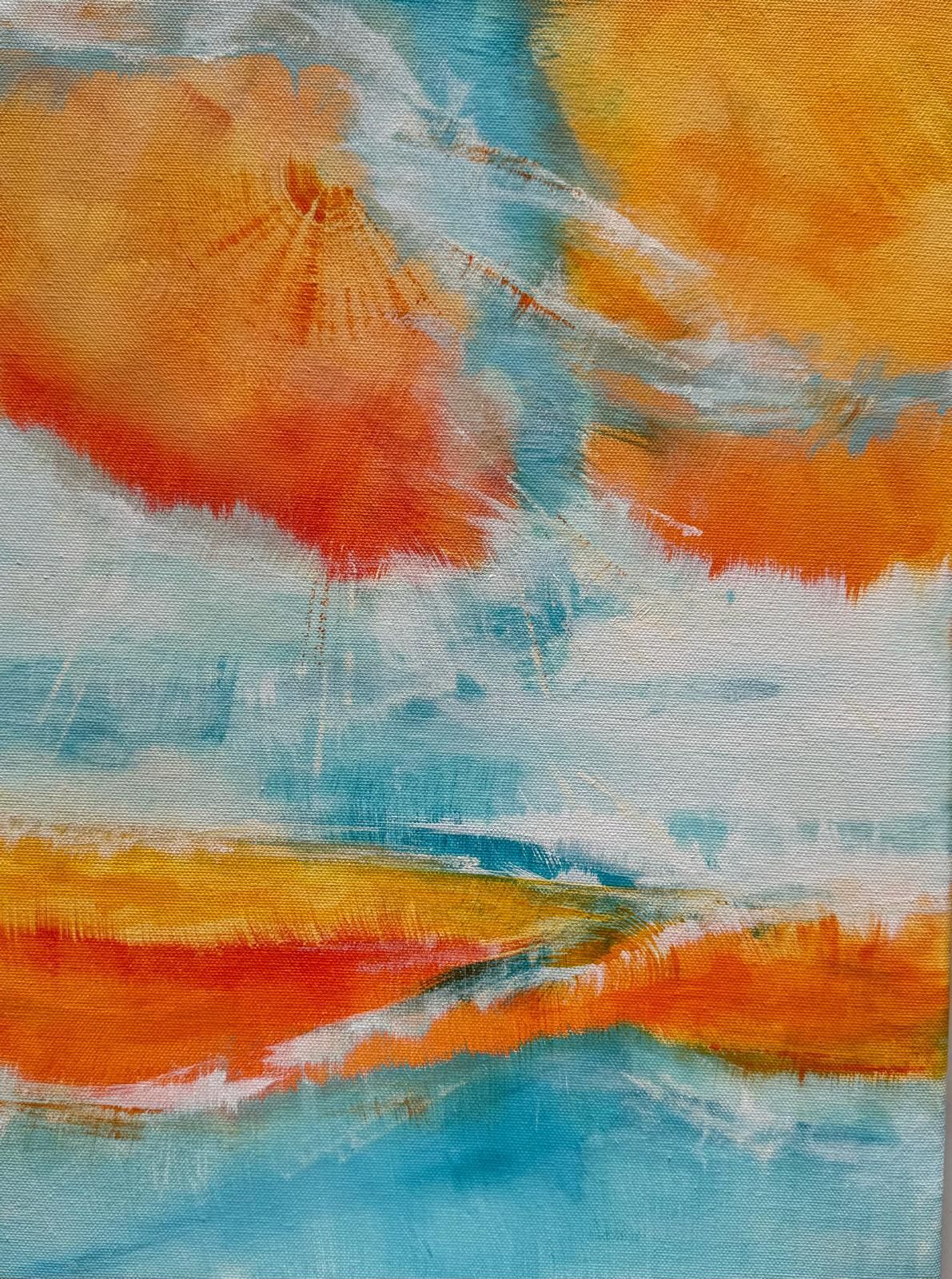 Abstract painting, orange and yellow streaks on a blue and white diagonal striped background.