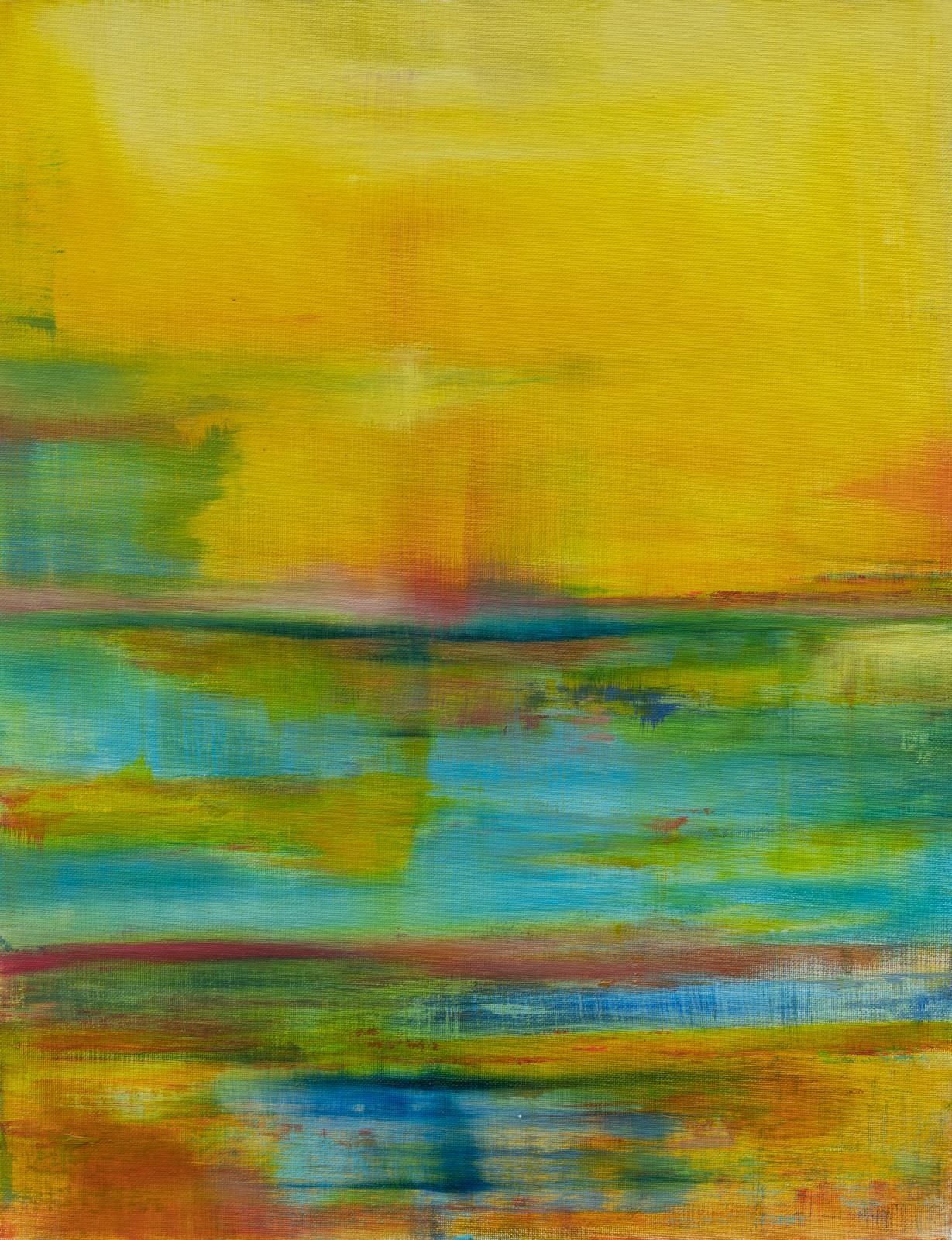 Abstract painting of a sunset reflecting in water; yellow, blue, and orange hues dominate.