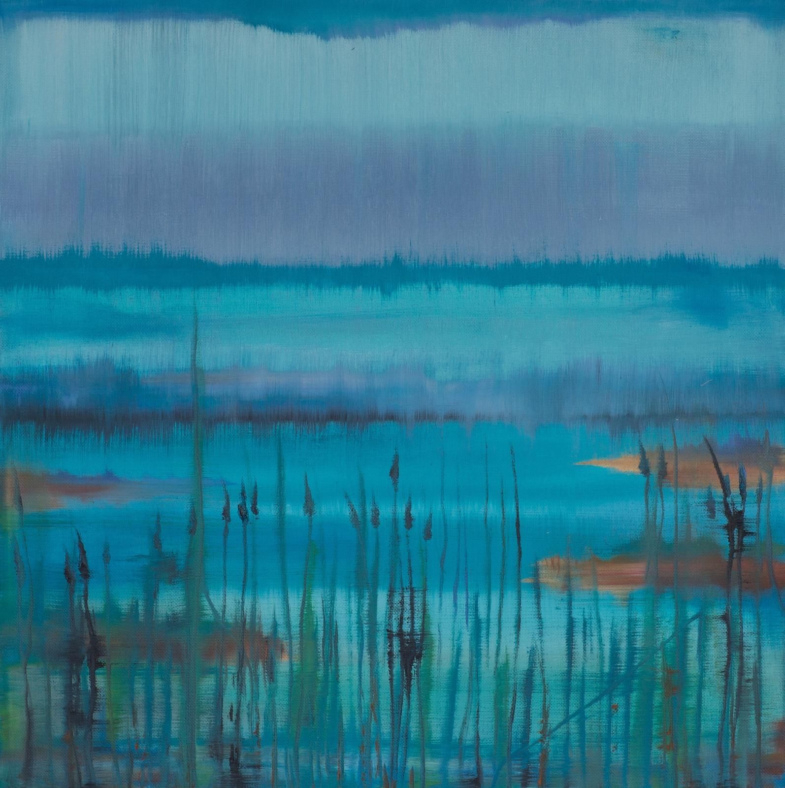 A blue and teal landscape painting of a lake with reeds in the foreground and a hazy horizon.