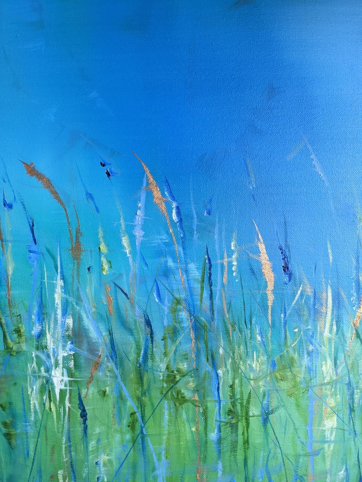 Blue and green abstract painting of tall grass against a blue sky.